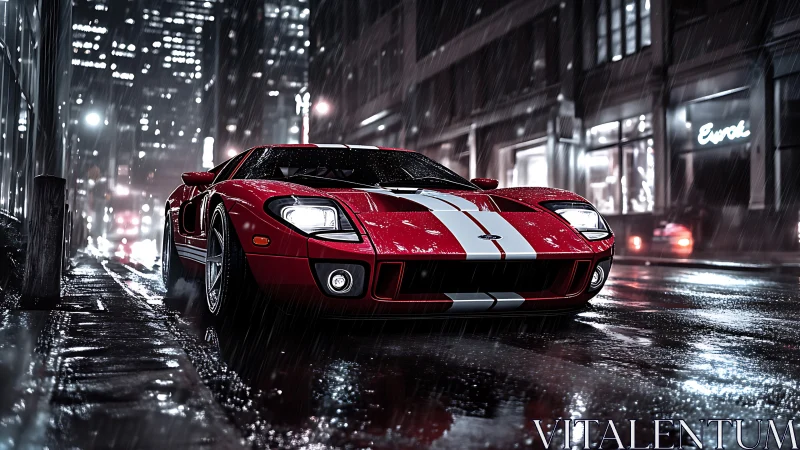 Midnight red supercar prowls rain-slick neon boulevard.