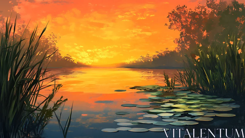Sunlit wetland lagoon with reflective orange dusk sky.