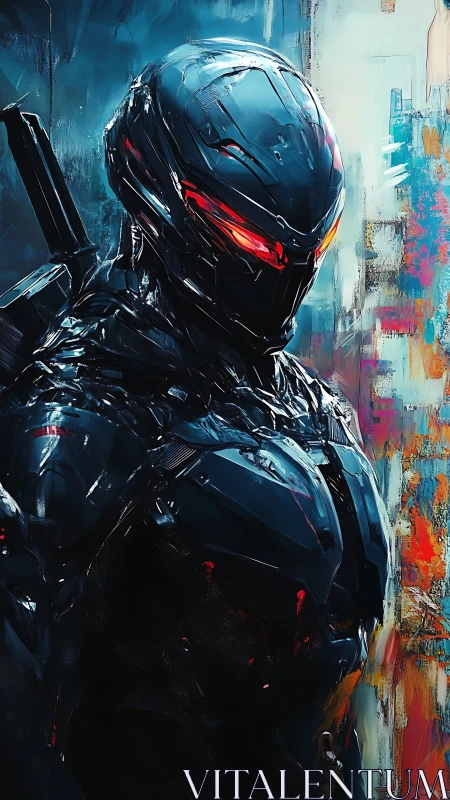 Armored cybernetic warrior stands vigilant in neon haze