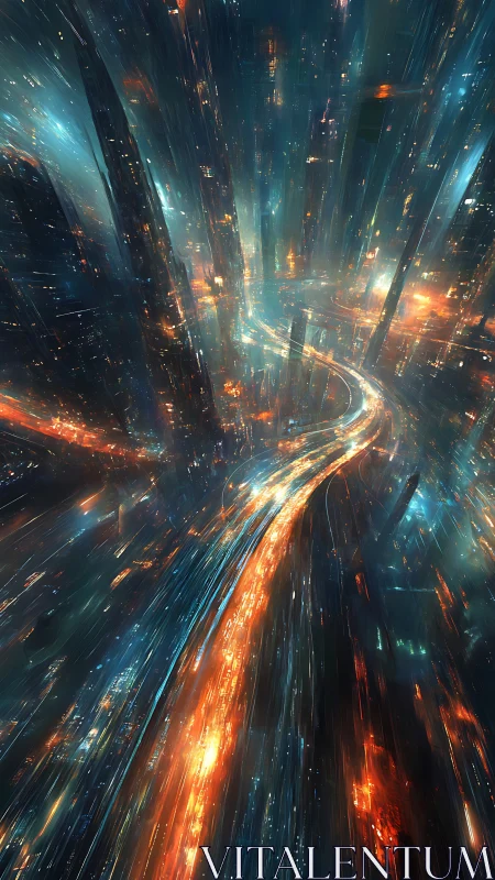 Neon data-stream boulevard curves through vertical cybercity