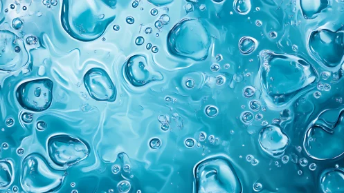 Transparent blue liquid surface with bubbles and ripples.