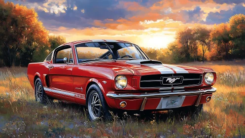 1960s red Mustang coupe rendered in luminous sunset meadow.