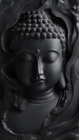 Monochrome relief of Buddha head in carved dark stone.