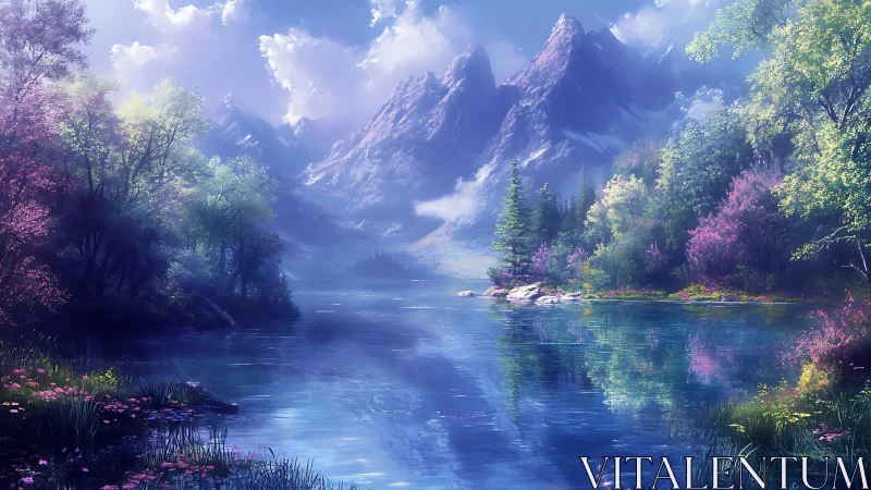 Spectral alpine lake with atmospheric depth and chromatic bloom.