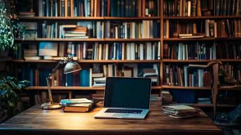 Laptop rests on wooden desk in warm, book-filled study.