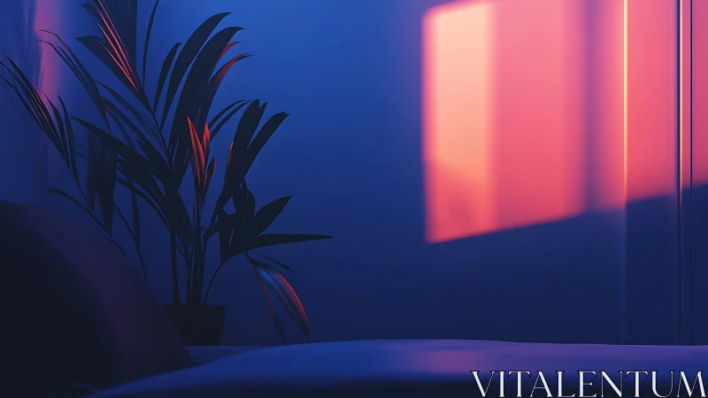 Palm silhouette under neon dusk light in quiet bedroom