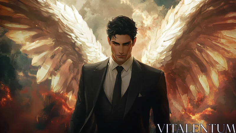 Winged male figure in formal suit against fiery clouds.