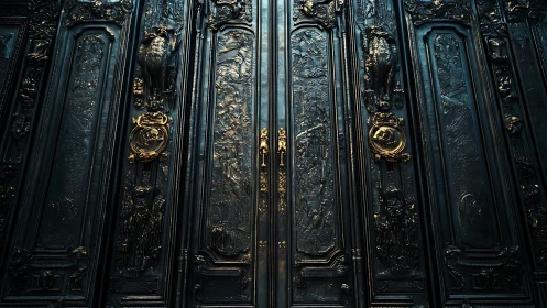 Dark ornate metal doors with detailed relief and gold inlays.