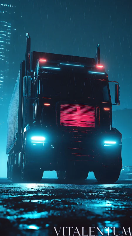 Neon-lit articulated truck in rainy nocturnal urban streetscape