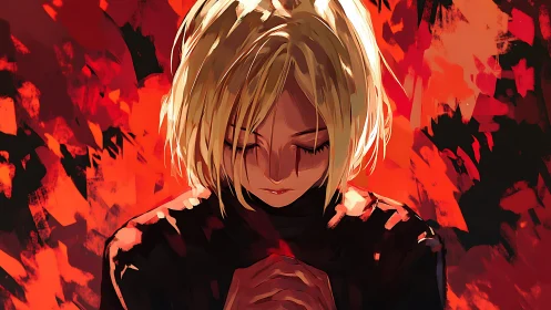 Solitary blonde figure in anime style against abstract inferno