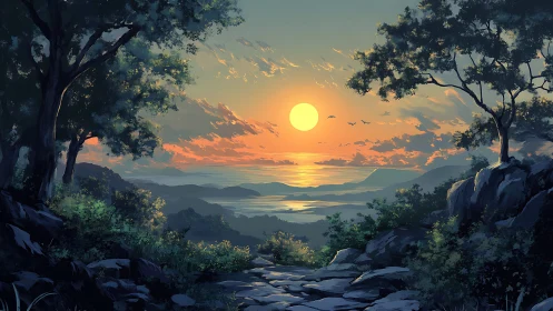 Sunset over distant lakes bathes a rocky forest path in gold