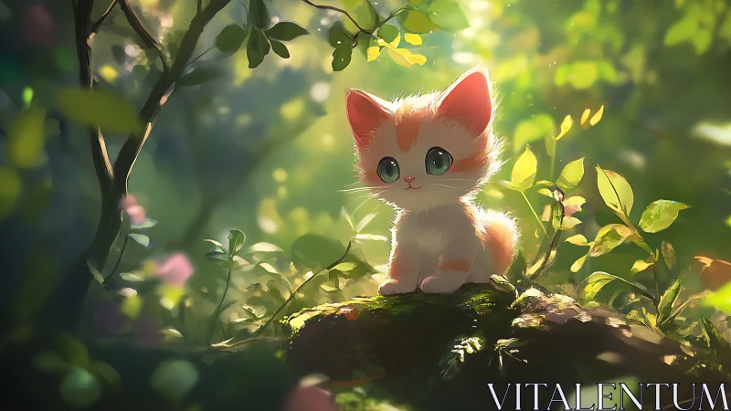 Crimson Kitten Discovers Wonder Perched Upon an Ancient Forest Log