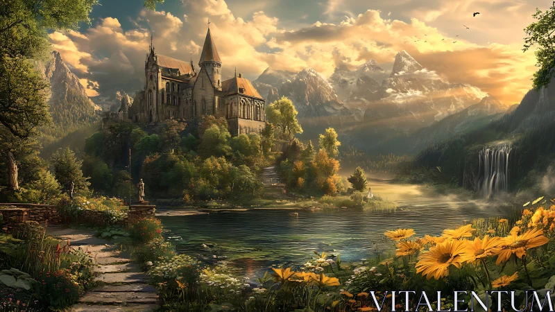 Gothic mountaintop abbey overlooks a luminous alpine lake