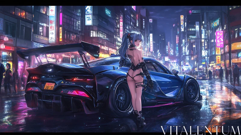 Neon city street with anime racer girl and sports car.