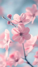 Delicate Pink Blossoms Against Blue Sky: Soft Focus Floral Study.