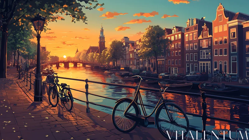 Golden Hour Along a Peaceful Canal with Bicycles.