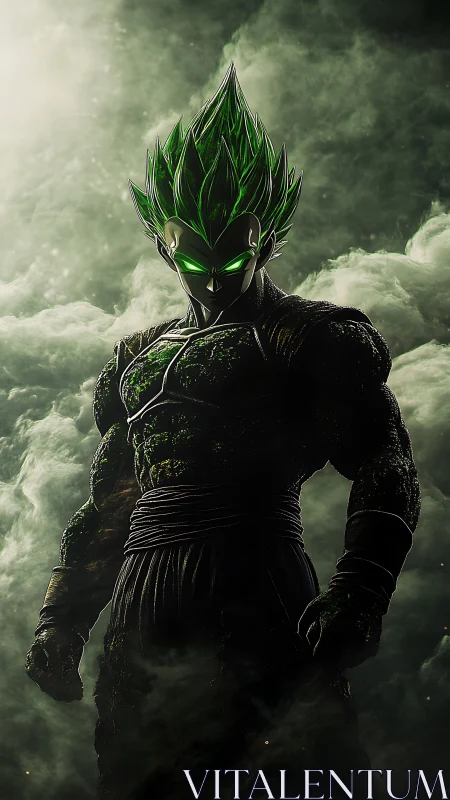 Hyperreal green-haired warrior rendered with dramatic volumetric lighting