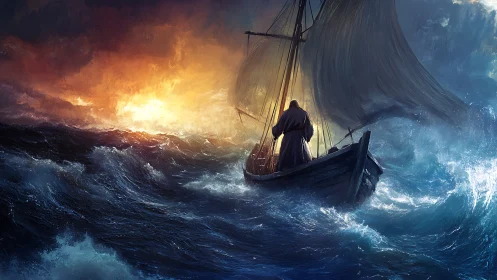 Digital painting of lone sailor in storm-tossed seascape composition.