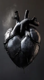 Molten obsidian heart suspended in quiet industrial dusk.