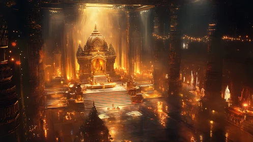 Golden temple throne hall glows under cascading divine light