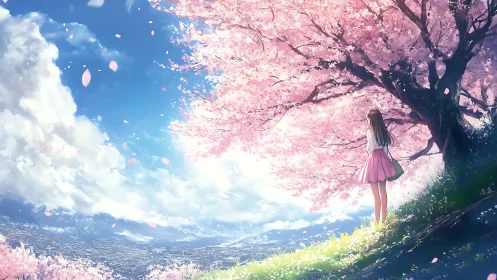 Spring hillside vista with solitary girl under sakura canopy.