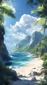 Tropical Coastal Cove with Cliffs and Palm Trees