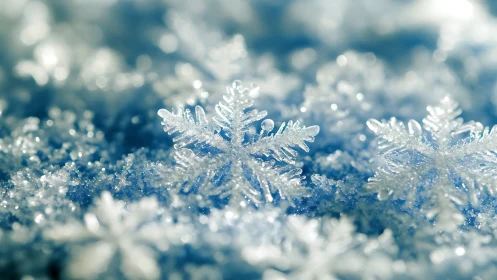 Crystal snowflakes in shimmering icy macro focus detail.