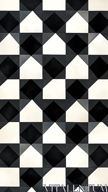 Geometric black and white tiled pattern with diamond forms.