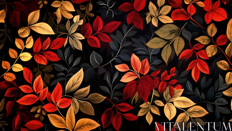 Autumn foliage pattern with red and gold leaves on black.