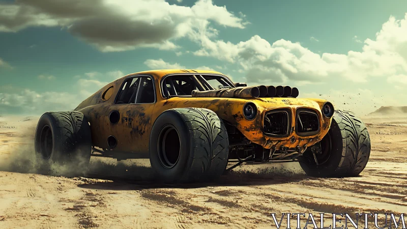 Roaring yellow desert racer storms across sunlit dunes