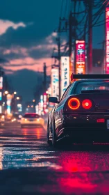Neon-lit sports car idles on a rainy city street at dusk.