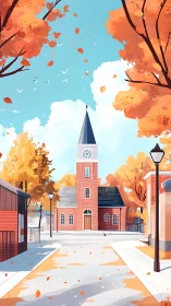 Autumn town square frames a central brick clocktower in light