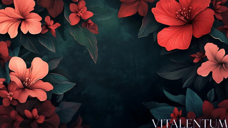 Coral flowers bloom against dark teal backdrop.