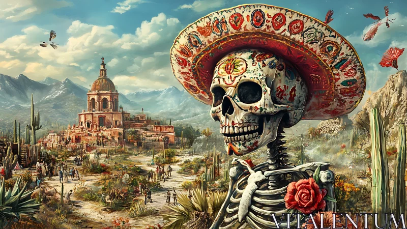 Calavera in embroidered sombrero before desert mission.