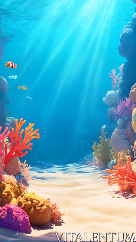 Sunlit coral reef corridor with volumetric caustics and soft shadows
