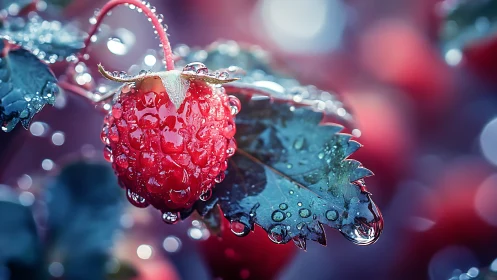 Dew-covered red berry glows against dreamy bokeh backdrop.