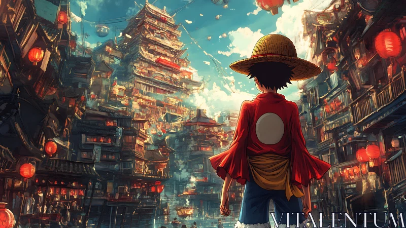 Lantern lit harbor city welcoming a straw hat dreamer.