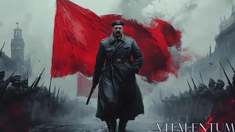 Red storm marches through the mist of a steel-grey city