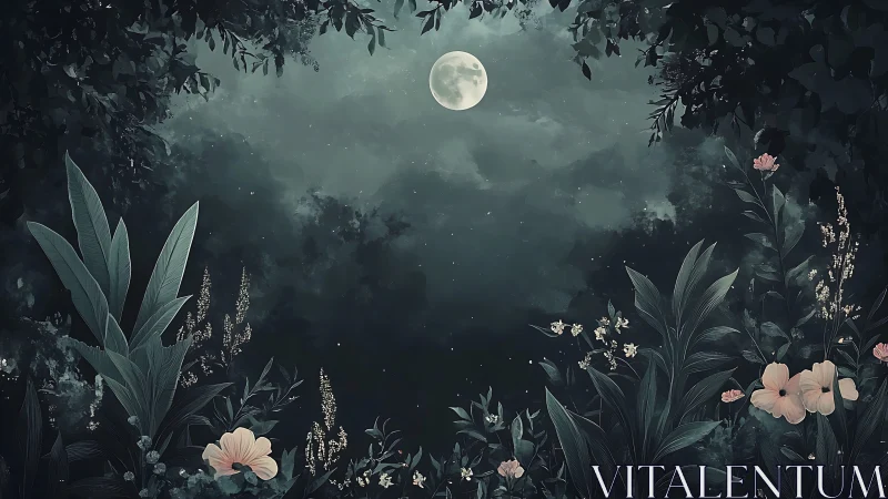 Moonlit forest clearing with flowers and dense foliage.