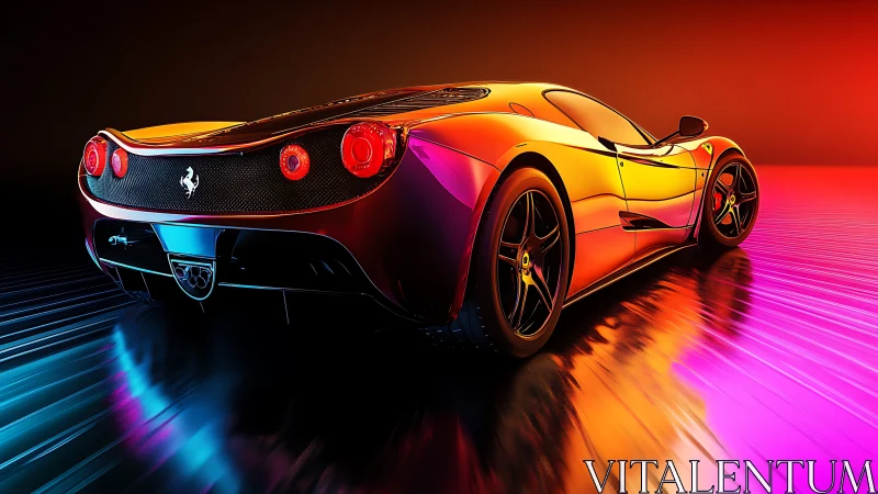 Neon-lit supercar glows against a vibrant futuristic skyline.