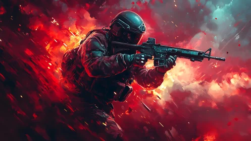 Armored soldier advances through explosive red battlefield