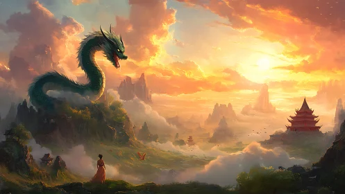 Sunlit valley with a gentle sky dragon and lone wanderer.