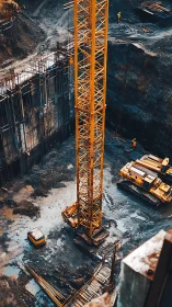 Urban excavation site with central tower crane structure.