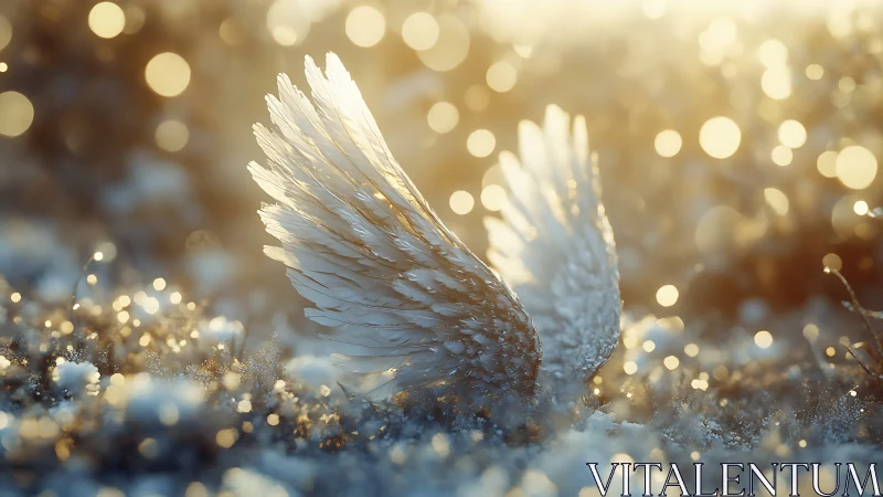 Luminous fallen wings rest in frosted meadow at sunrise