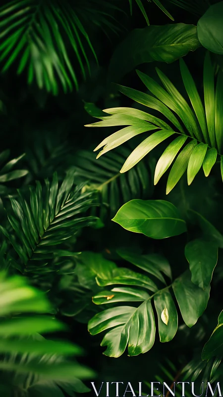 Lush tropical foliage with deep emerald layered leaves.