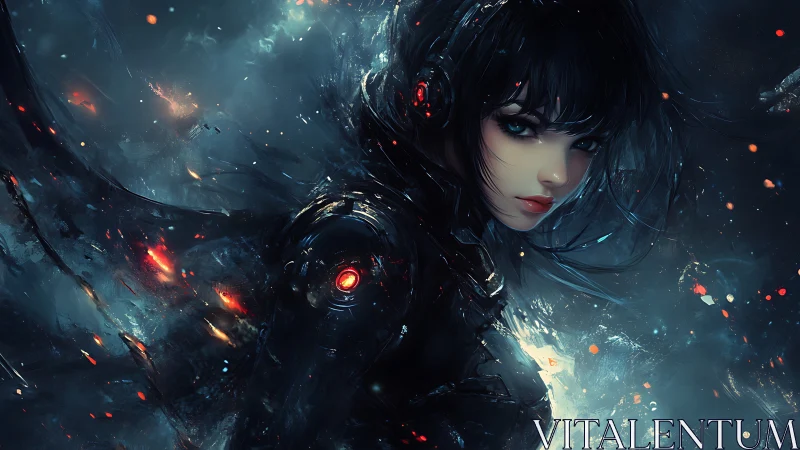 Neon-armored cybernetic huntress in volatile plasma storm.