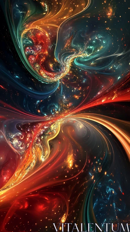 Swirling cosmic rivers painting galaxies in molten light.