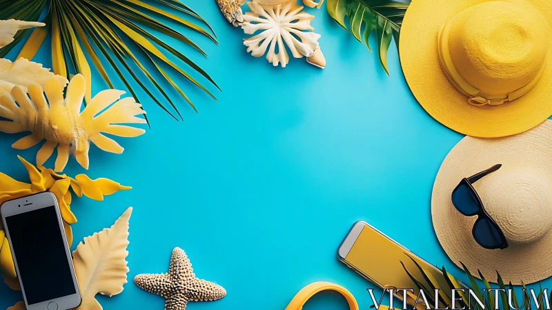 Summer beach essentials flat lay on bright blue background.
