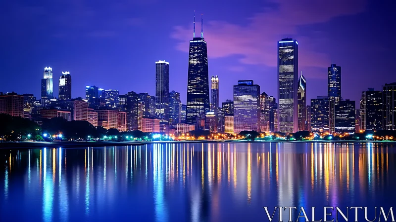 Urban skyline at night with high-rises and water reflections.