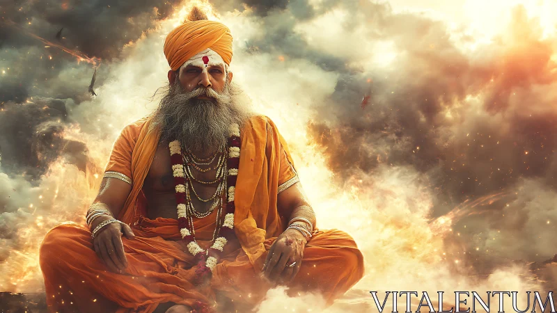 Digital painting of meditative sage amid luminous storm clouds.